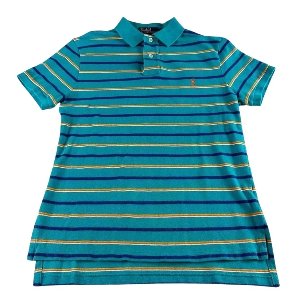 VTG Polo Ralph Lauren Shirt Mens S Teal Blue 90s Multi Stripe Pique Custom Fit